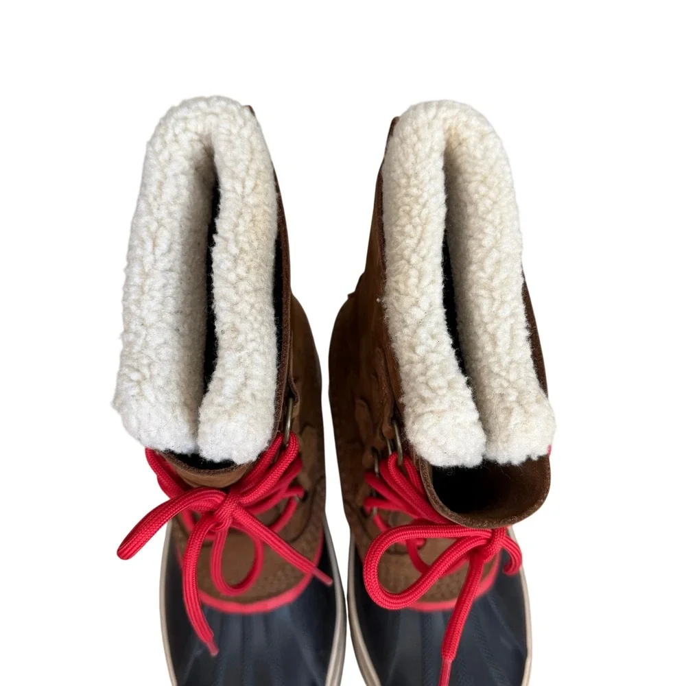 Sorel Caribou Waterproof Winter Boots Tan Suede Red Laces Women Size 8 Excellent